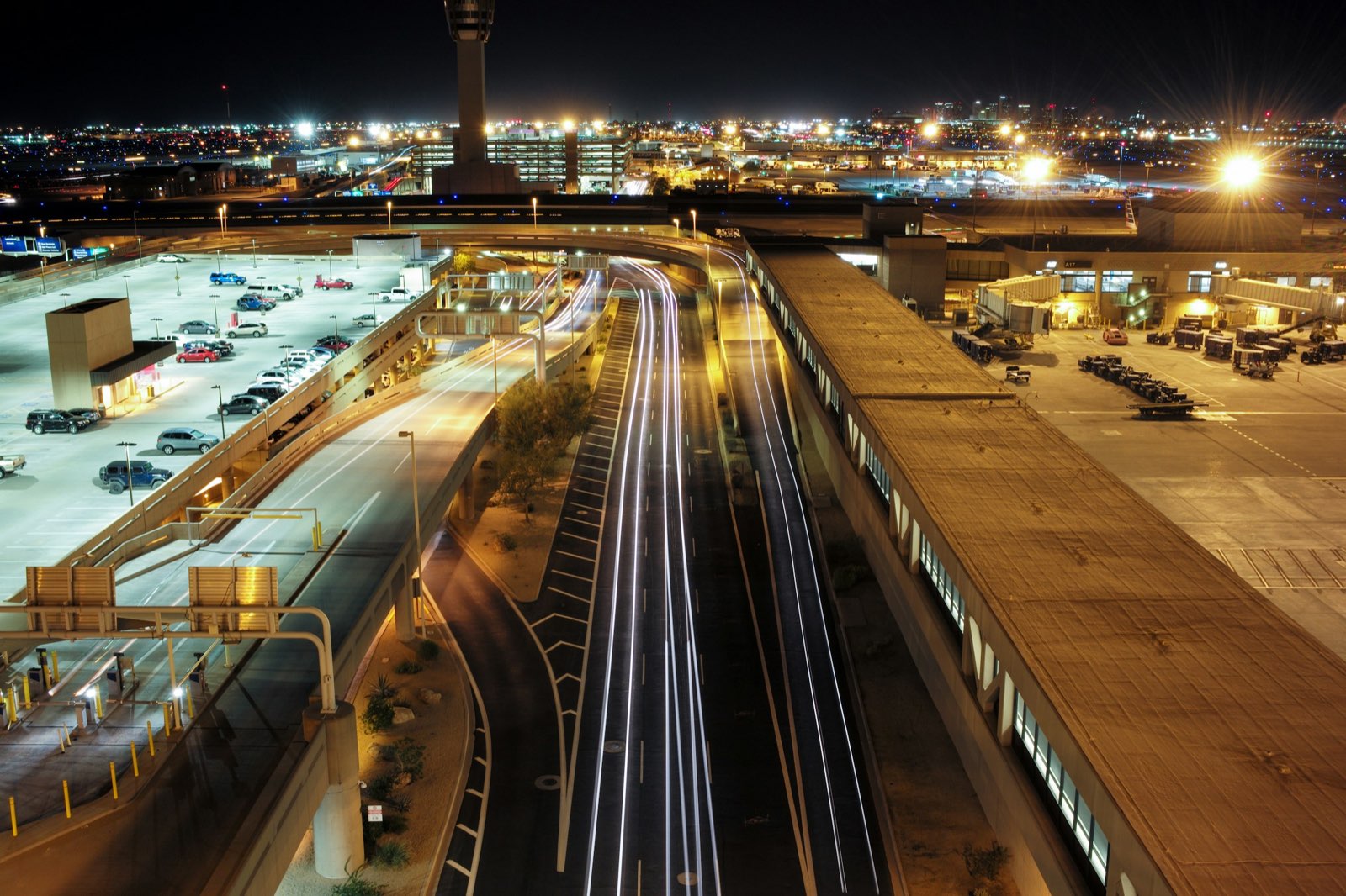 Phoenix Sky Harbor International Airport terminal lit up at night
