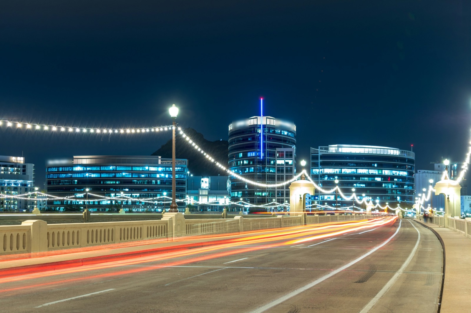 City lights reflecting on Tempe Town Lake at night